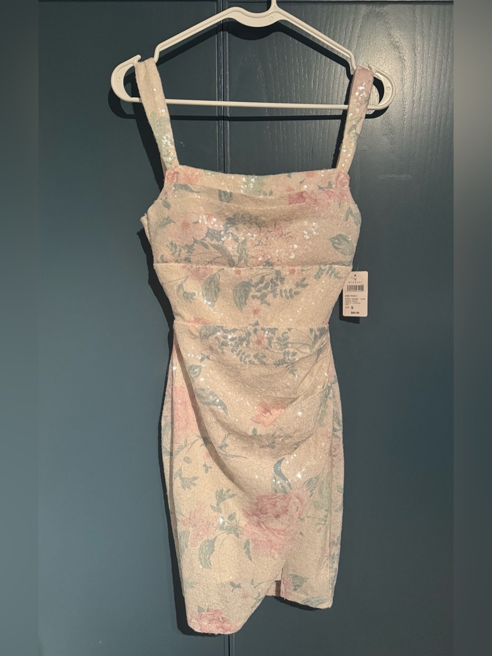 Windsor Pastel Floral Sequin Square-Neck Mini Dress in Pink and Mint - Picture 4 of 5